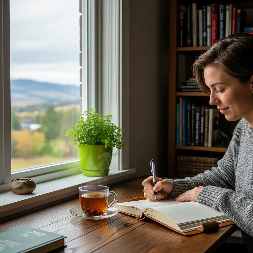 Person journaling in a cozy environment, practicing Stoic exercises