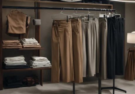 a pair of elegant trousers showcased on a mannequin surrounded by a minimalistic and stylish workwear collection.