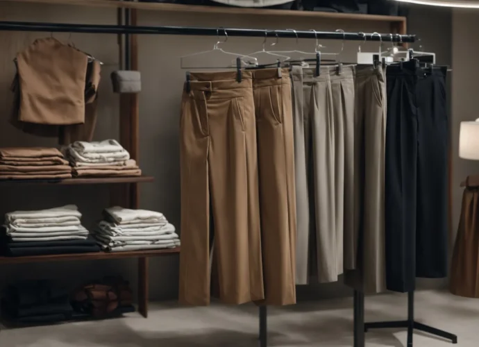 a pair of elegant trousers showcased on a mannequin surrounded by a minimalistic and stylish workwear collection.