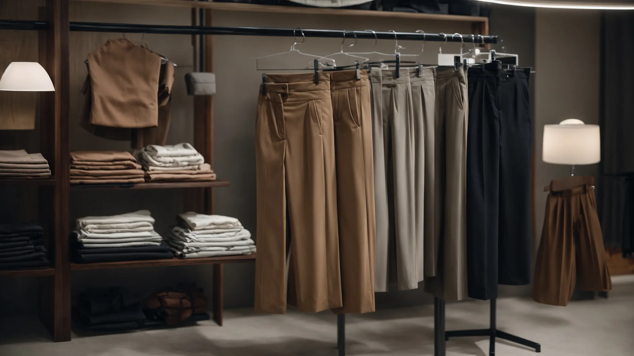 a pair of elegant trousers showcased on a mannequin surrounded by a minimalistic and stylish workwear collection.