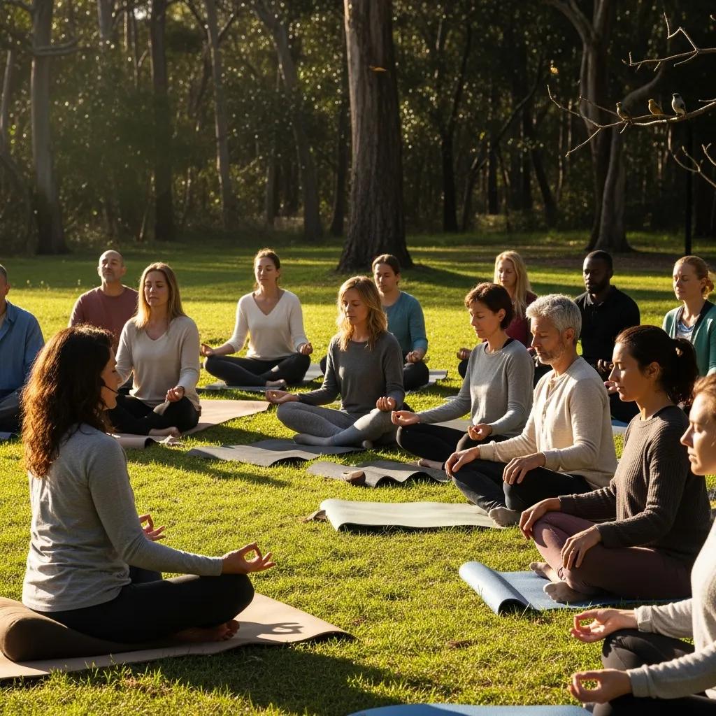 Group of individuals participating in guided meditation outdoors, emphasizing resilience techniques from Stoic philosophy