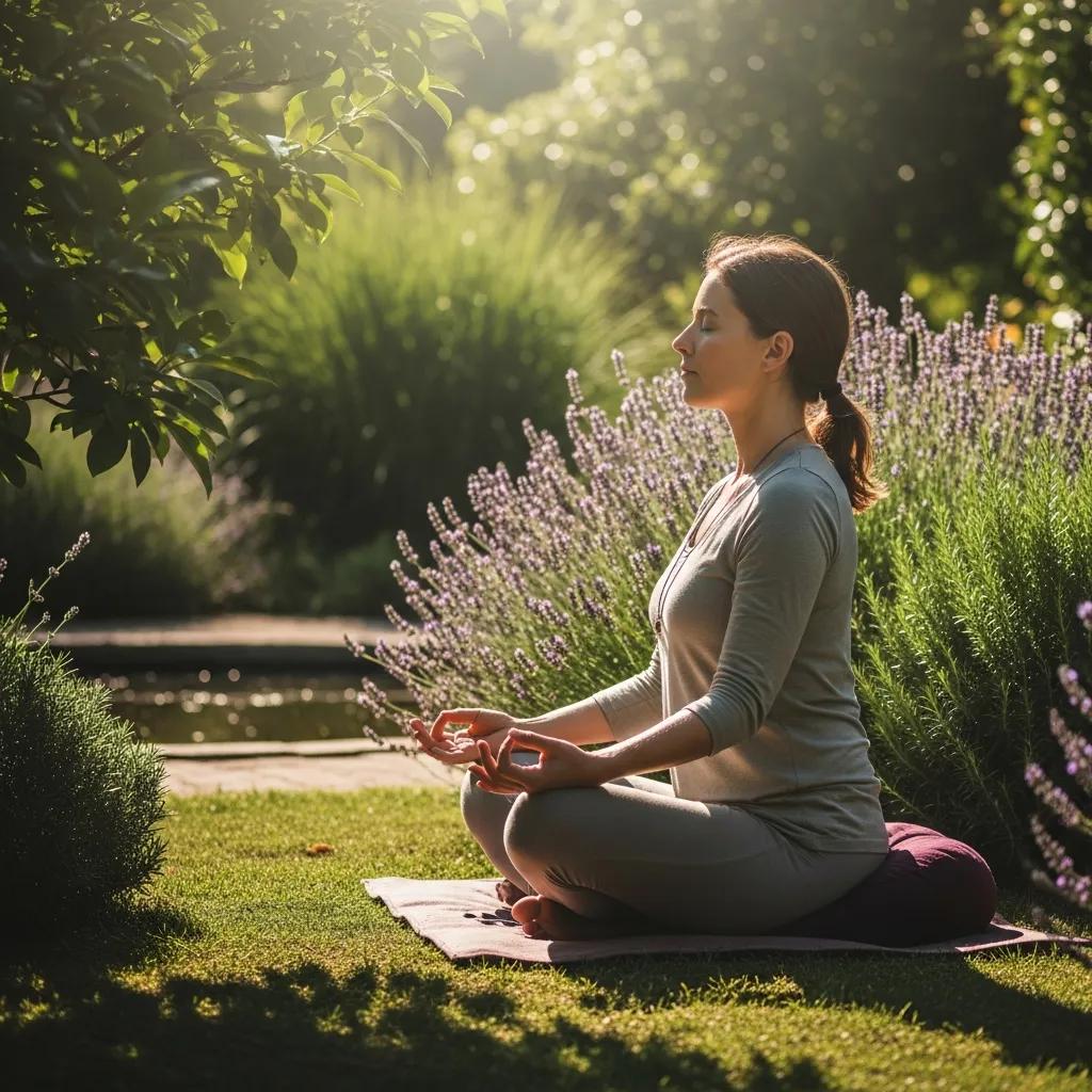 Individual practicing mindfulness in a serene environment, illustrating emotional regulation through Stoicism
