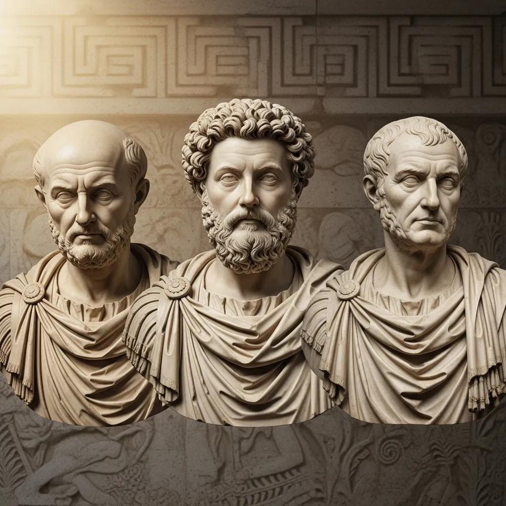 Classical busts of Marcus Aurelius, Seneca, and Epictetus representing Stoic philosophy