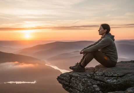 Person reflecting on Stoic philosophy in a tranquil natural setting