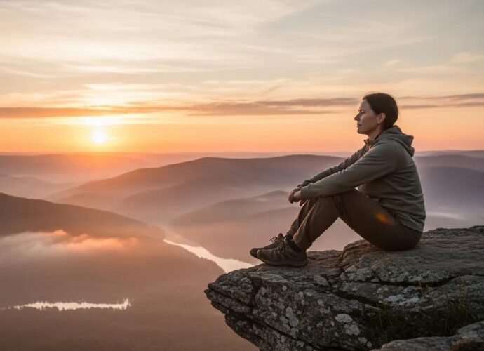 Person reflecting on Stoic philosophy in a tranquil natural setting