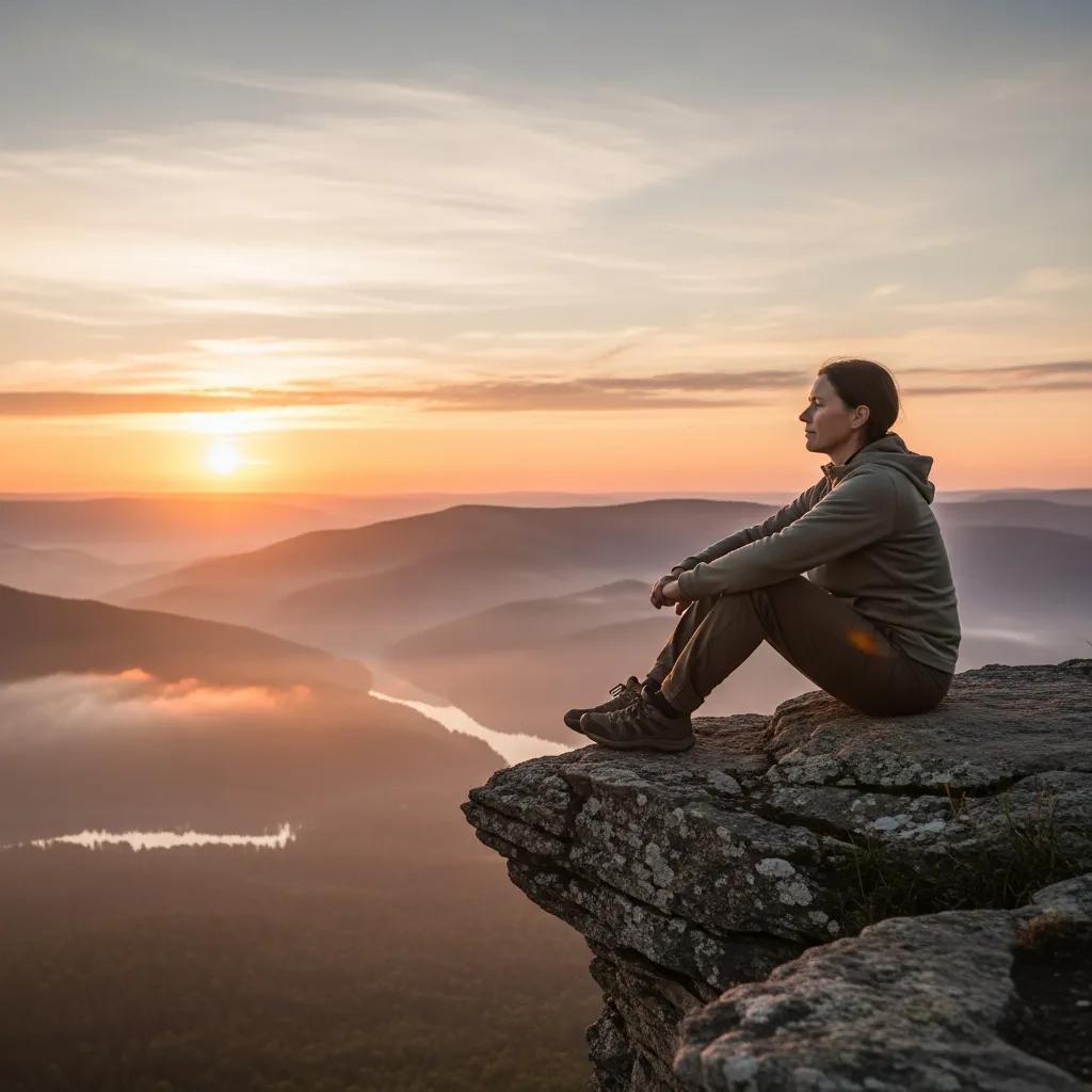 Person reflecting on Stoic philosophy in a tranquil natural setting